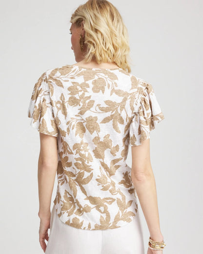 Chico's Linen Leaf Print Flutter Sleeve Tee