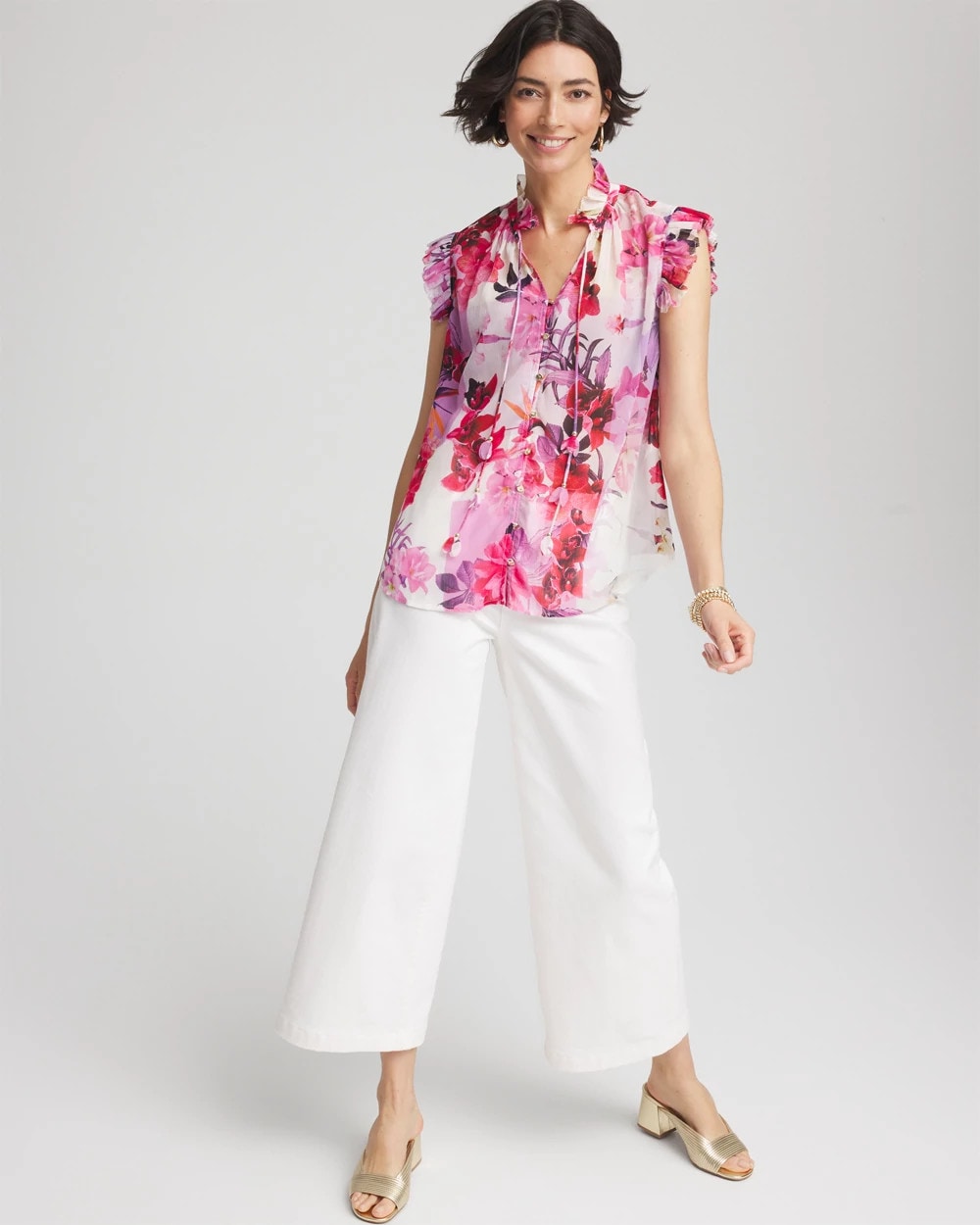 Chico's Floral Ruffle Collar Blouse