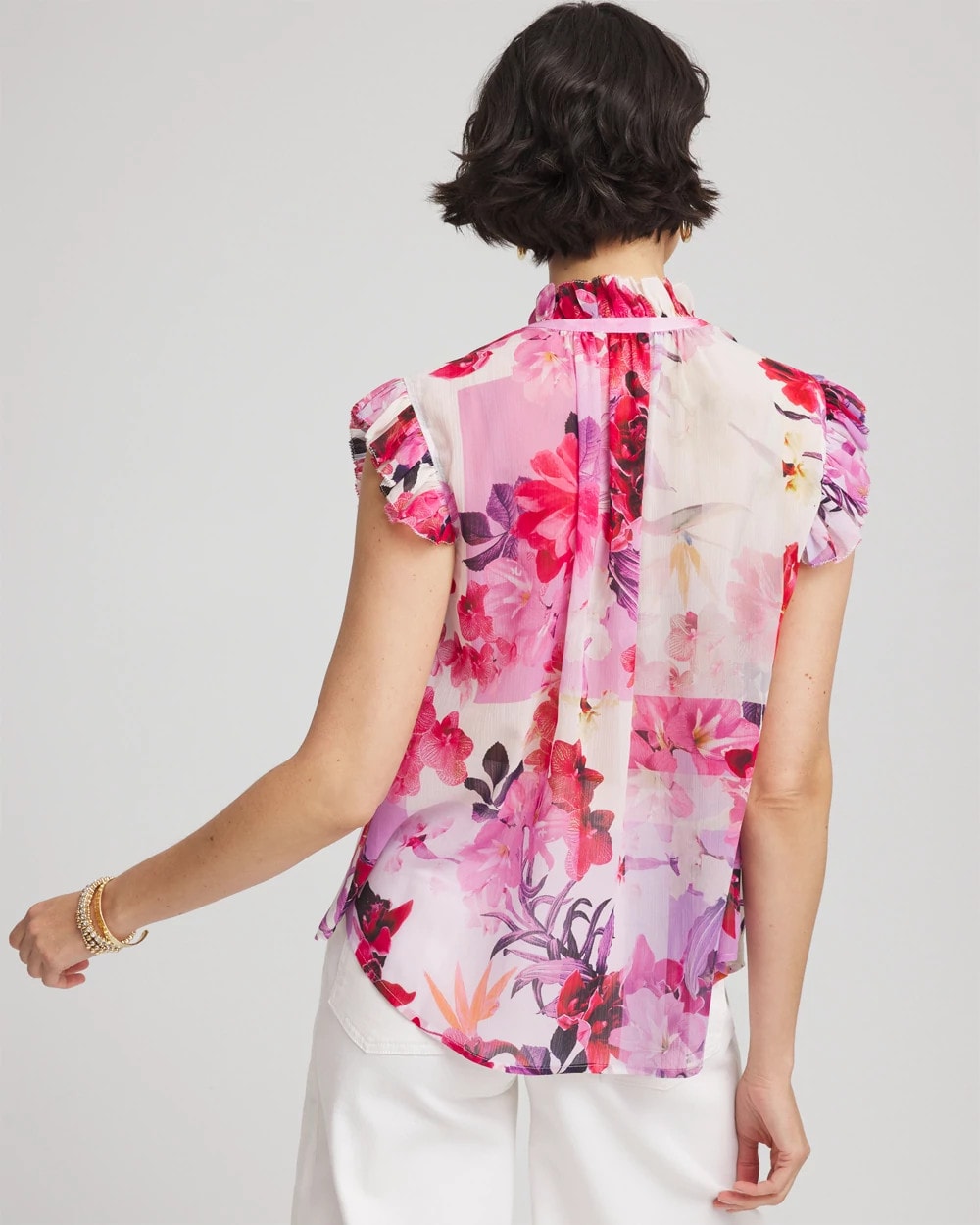 Chico's Floral Ruffle Collar Blouse