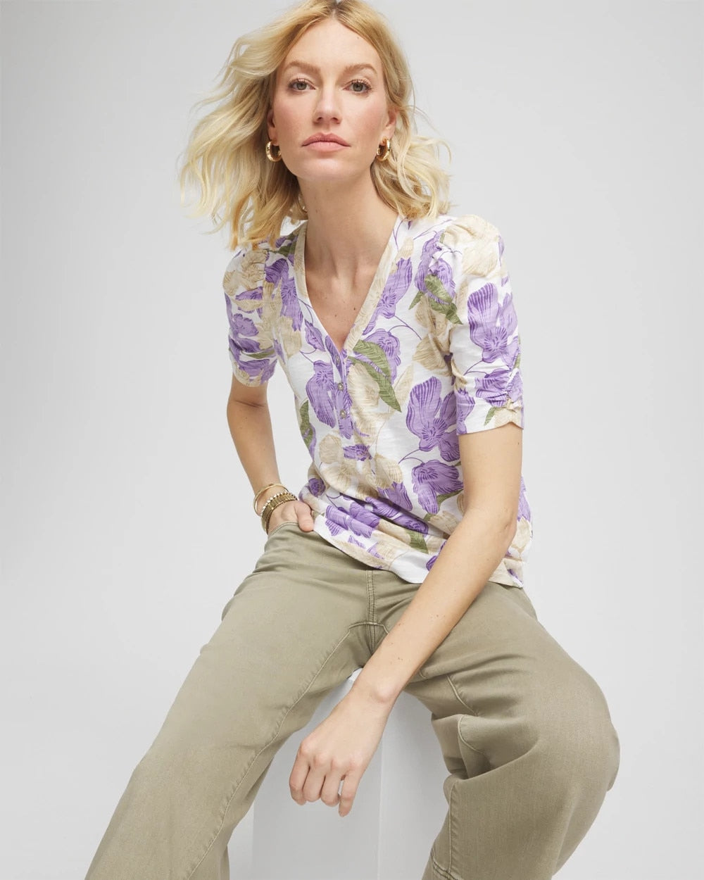 Chico's Floral Slub Henley Tee