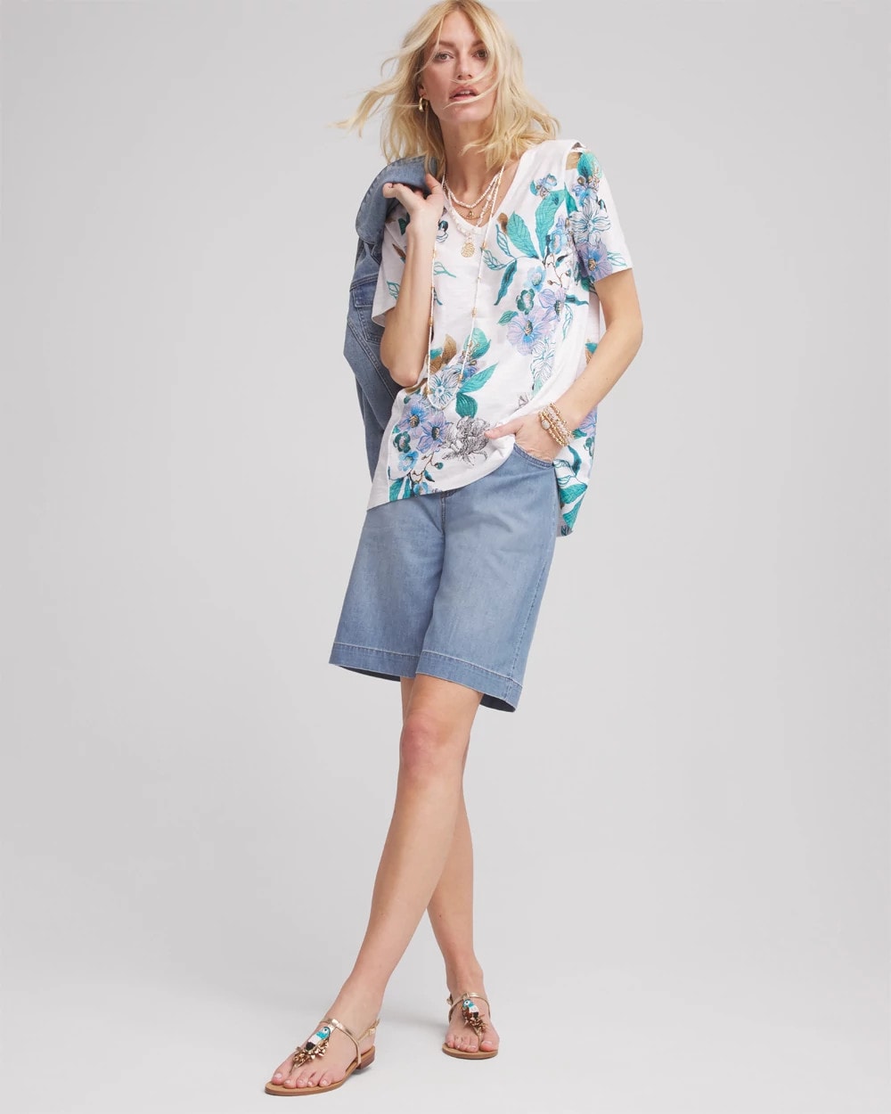 Chico's Floral Short Sleeve Forward-Seam Tee