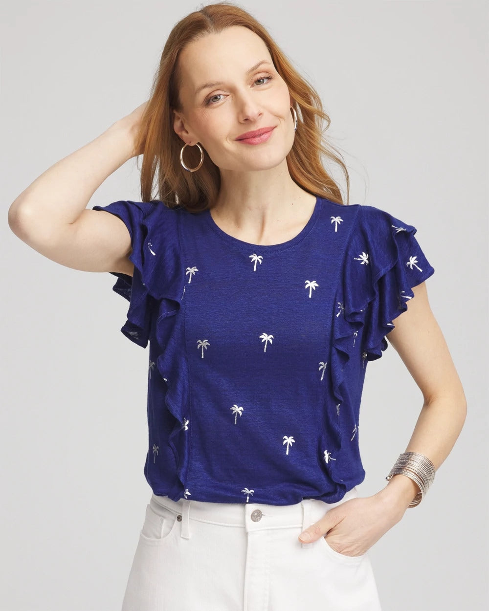 Chico's Foiled Flutter-Sleeve Linen Tee
