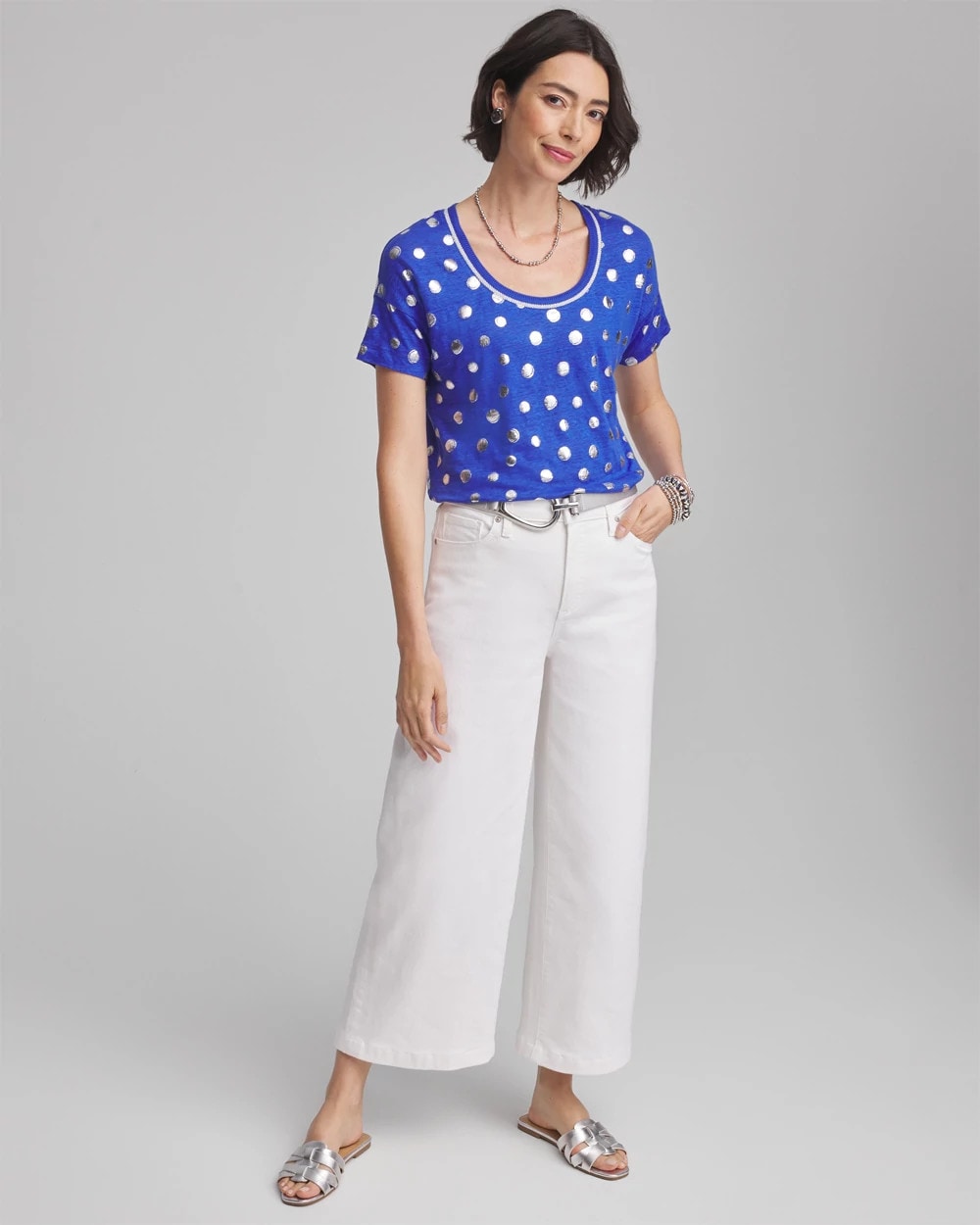 Chico's Foiled Polka-Dot Sweater-Trim Linen Tee