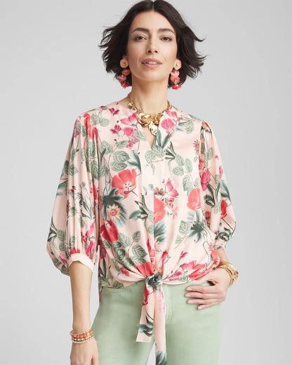 Chico's Floral Satin Tie-Front Pullover Top