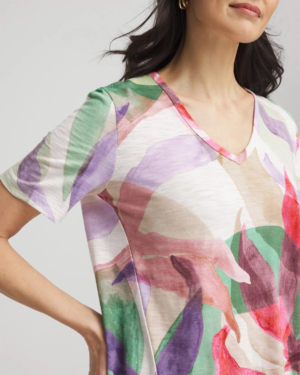 Chico's Floral Short Sleeve Forward-Seam Tee