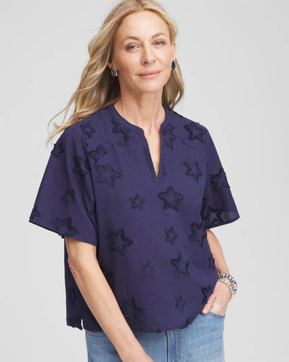 Chico's Embroidered Star Split Neck Blouse