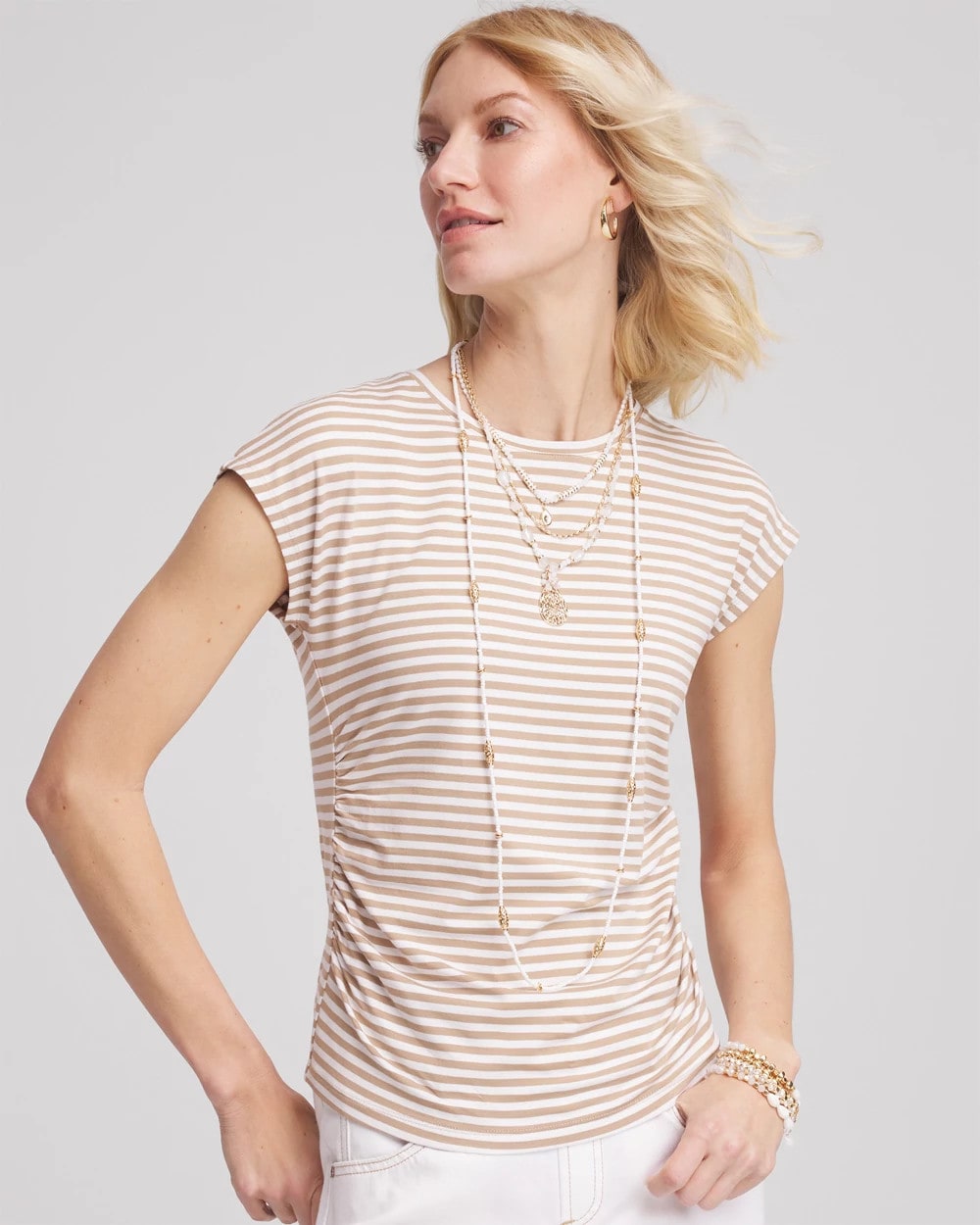 Chico's Neutral Striped Cap Sleeve Dolman Tee