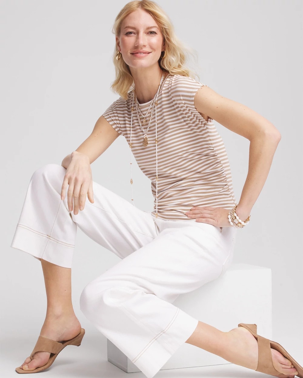Chico's Neutral Striped Cap Sleeve Dolman Tee