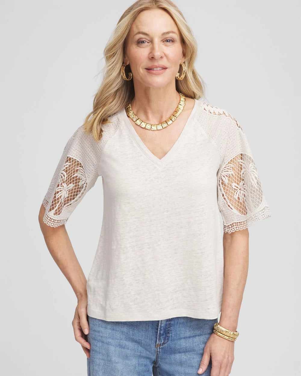 Chico's Linen Crochet Lace Short Sleeve Tee