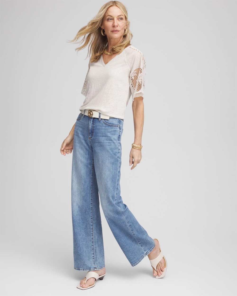 Chico's Linen Crochet Lace Short Sleeve Tee