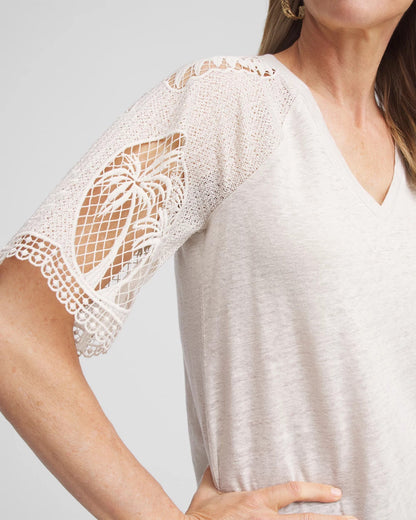 Chico's Linen Crochet Lace Short Sleeve Tee