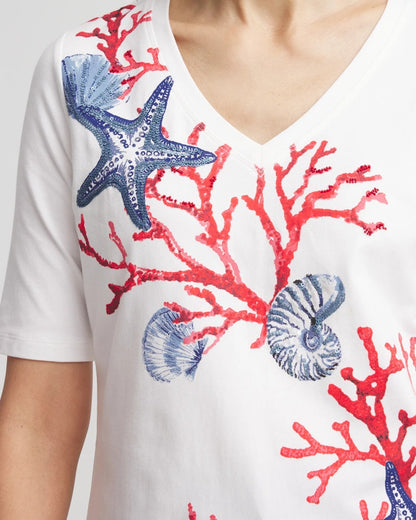 Chico's Coral Print V-Neck Perfect Tee
