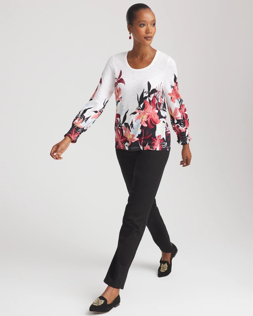 Chico's Floral-Motif Smocked Cotton-Slub Tee