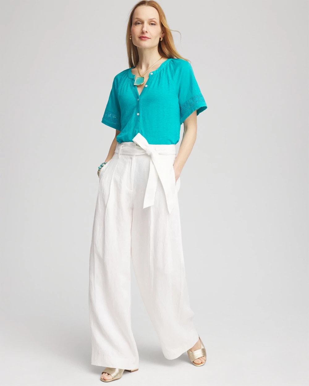 Chico's Linen Lace-Cutwork Sleeve Henley Tee