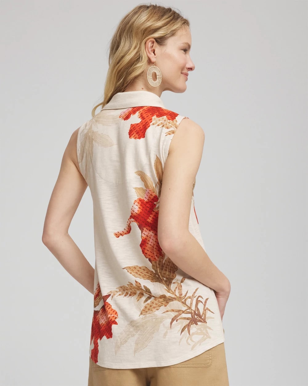 Chico's Floral Slub Sleeveless Collared Tunic