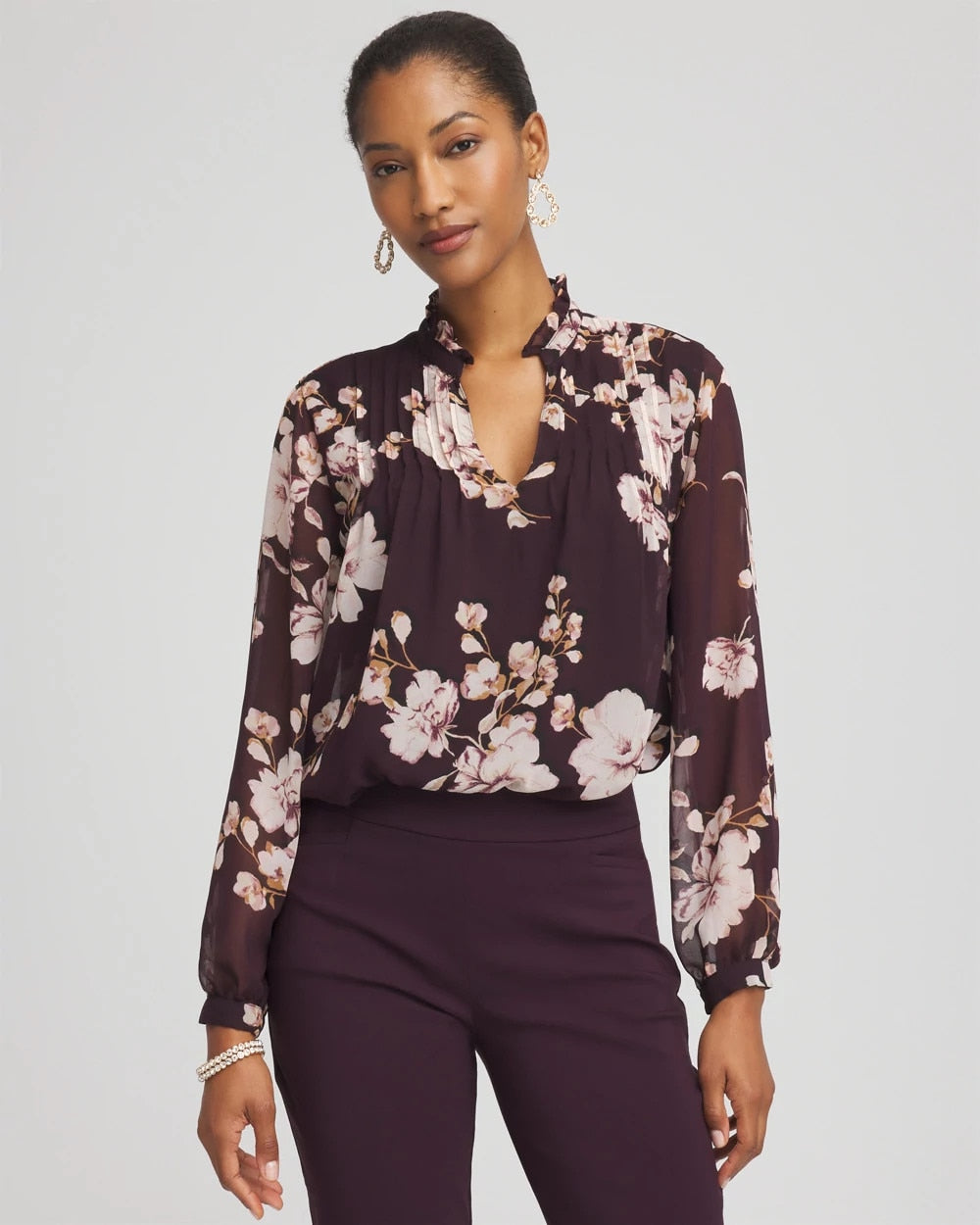 Chico's Frosty Floral Ruffleneck Blouse