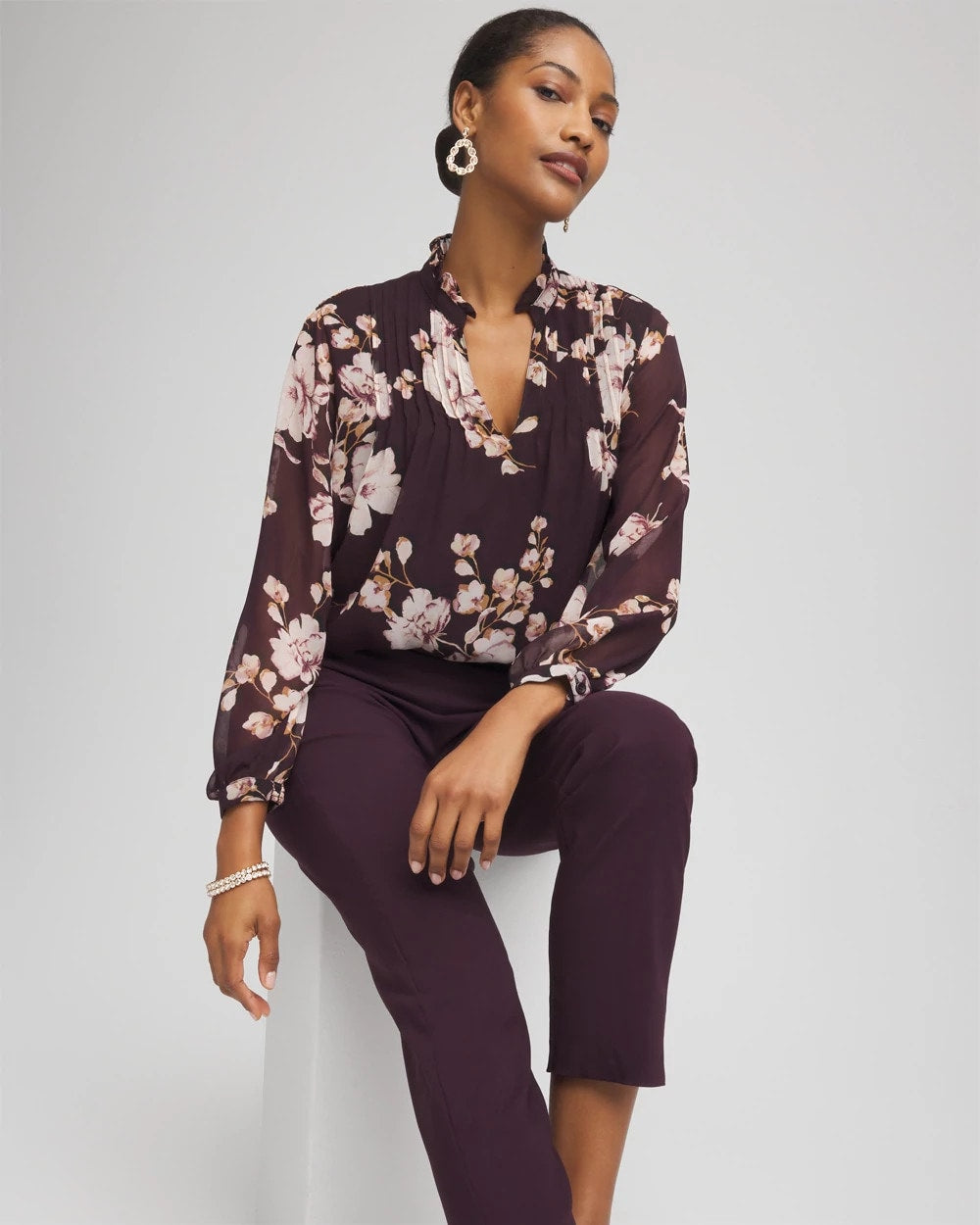 Chico's Frosty Floral Ruffleneck Blouse