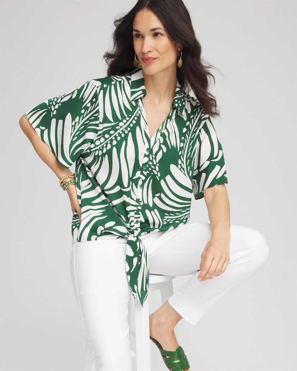 Chico's Palm Print Tie-Front Silky Top