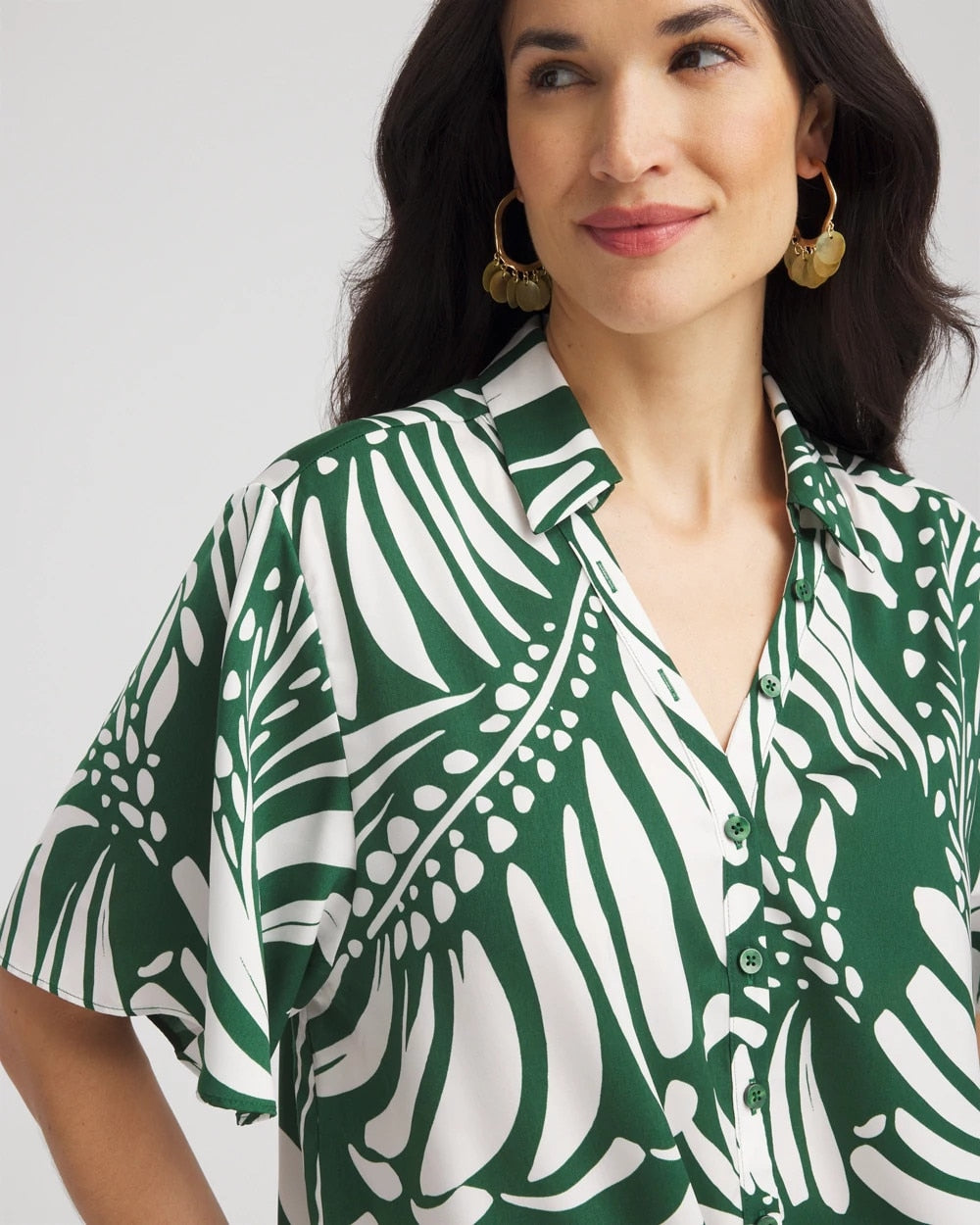 Chico's Palm Print Tie-Front Silky Top