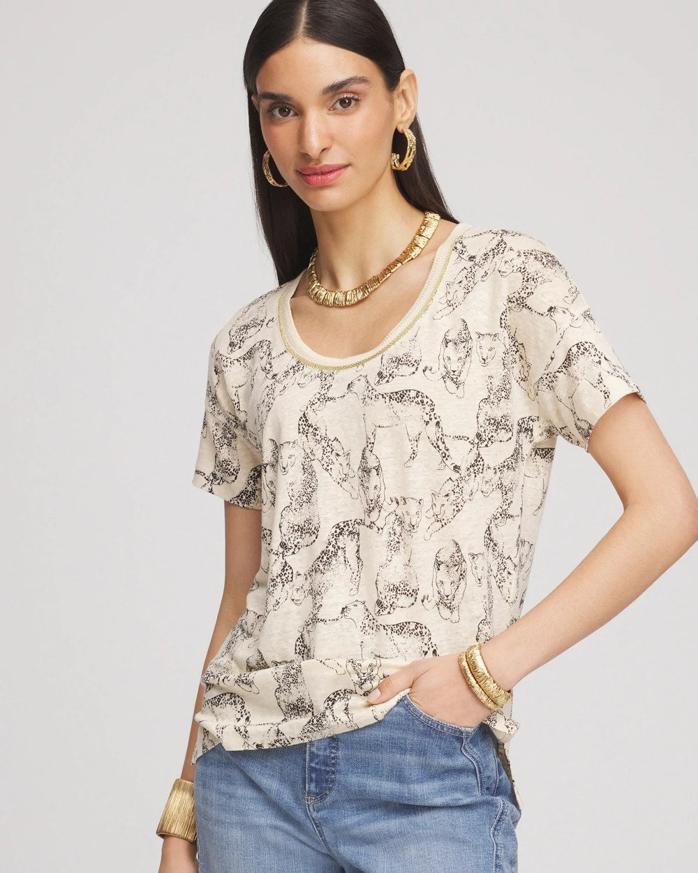 Chico's Panther Sweater-Trim Linen Tee