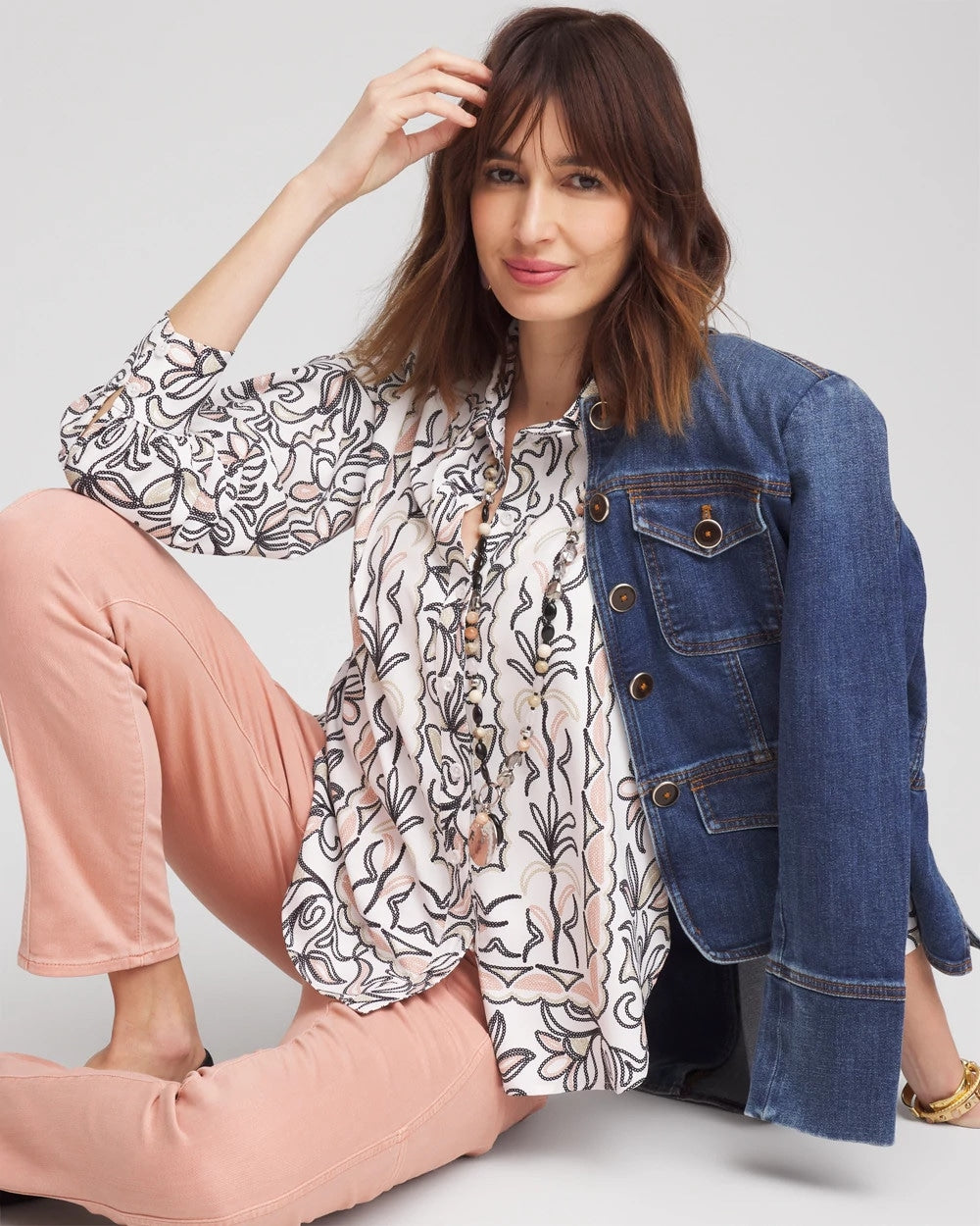 Chico's Faux Silk Floral Collared Shirt