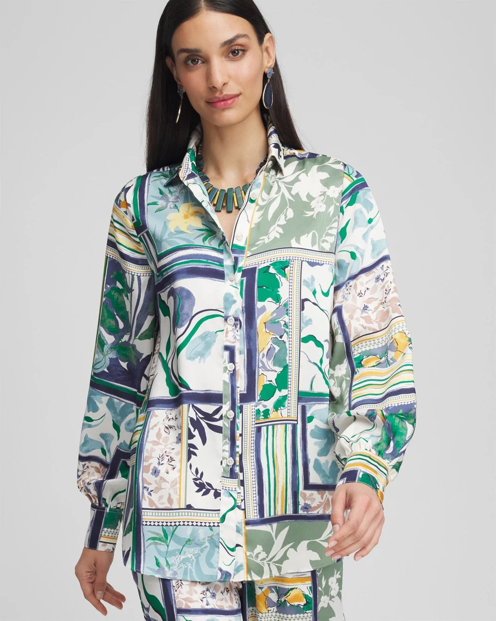 Chico's Faux Silk Coastal Collared Shirt