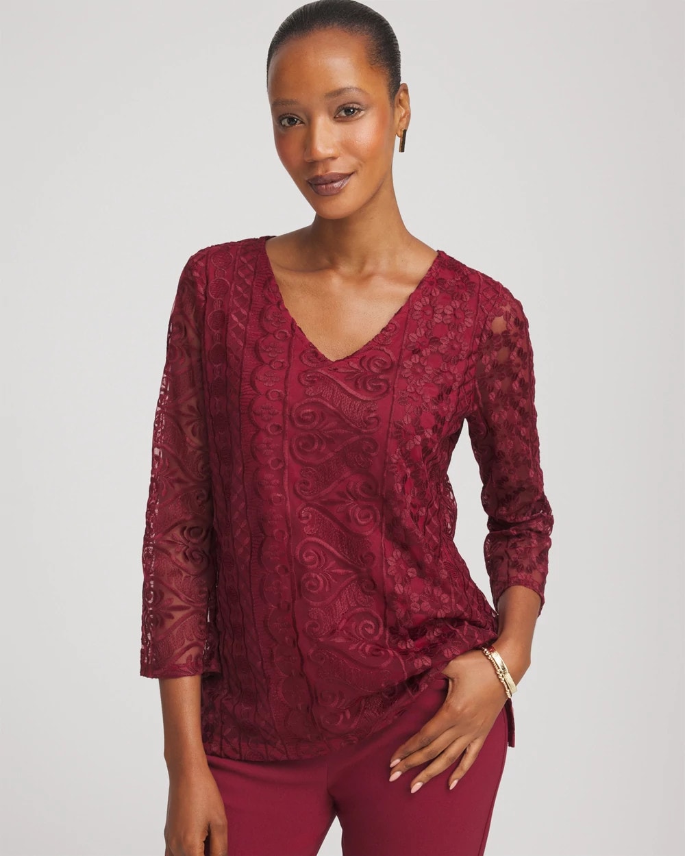 Chico's Embroidered Mesh Tunic Top