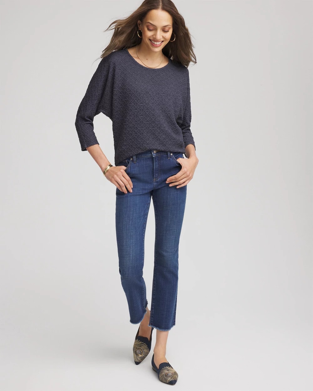Chico's Textured Denim-Motif Tapered-Hem Top