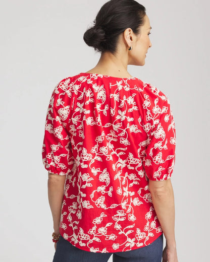 Chico's Floral Embroidered Cotton Peasant Blouse