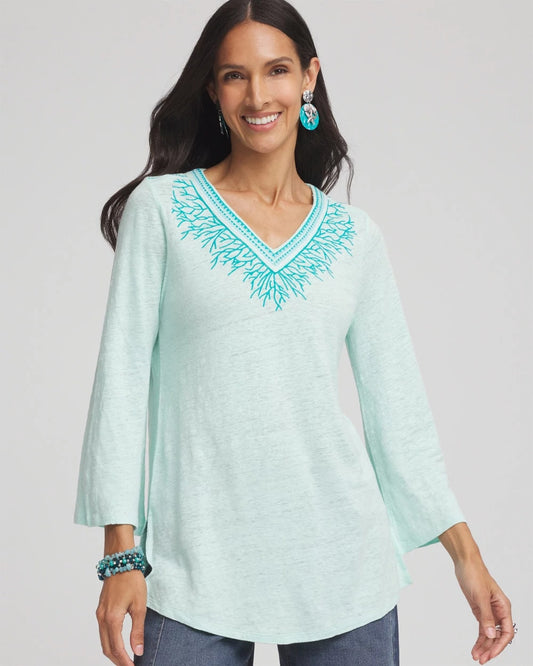 Chico's Linen Embroidered V-Neck Tunic