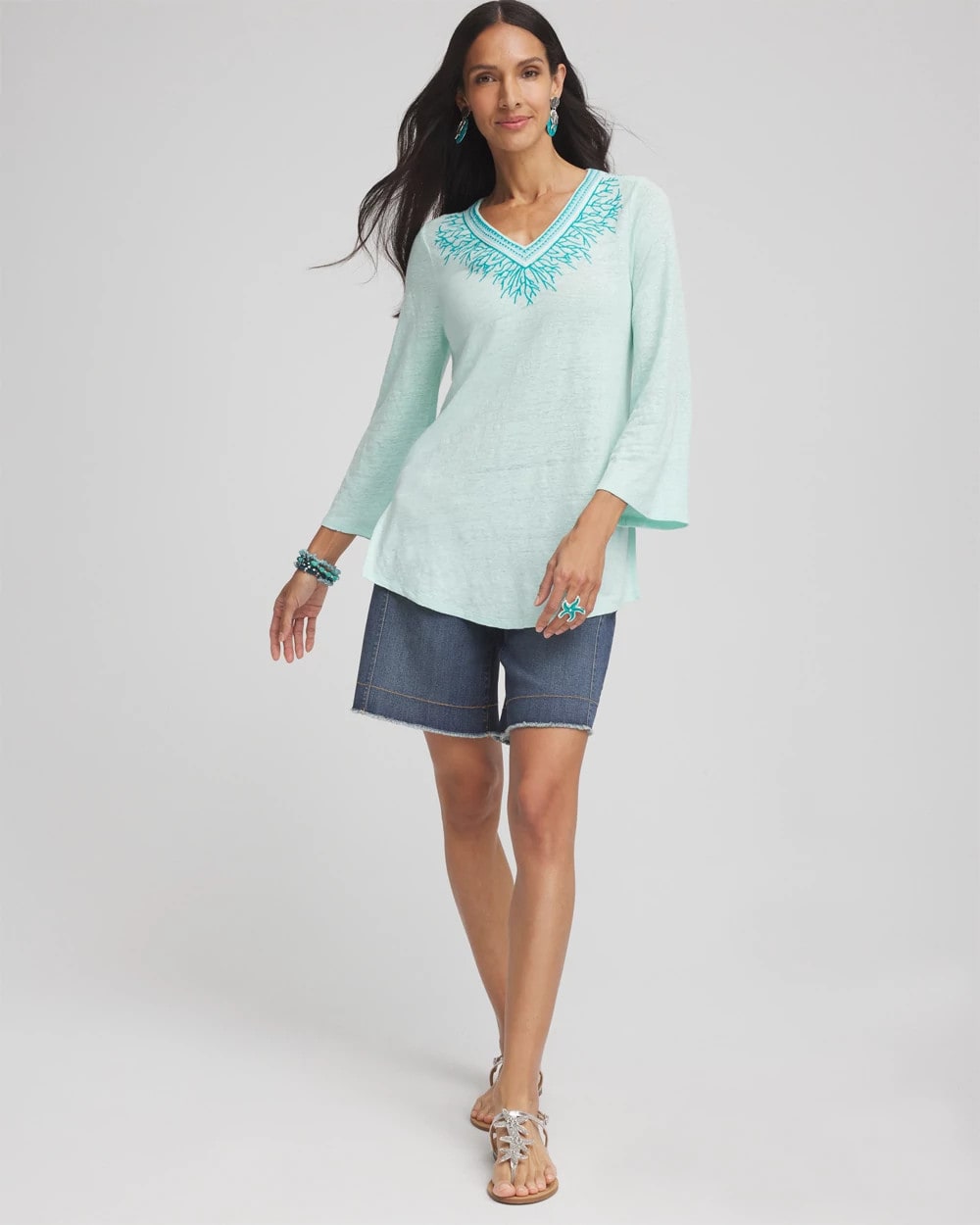 Chico's Linen Embroidered V-Neck Tunic