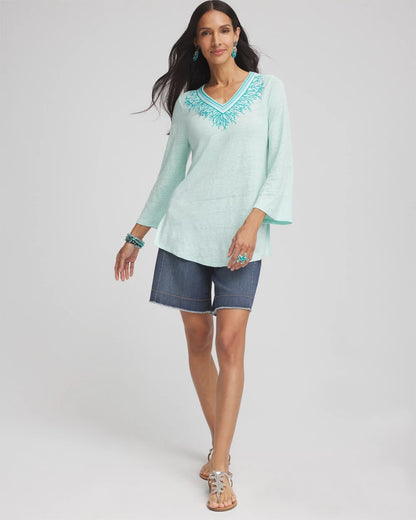 Chico's Linen Embroidered V-Neck Tunic