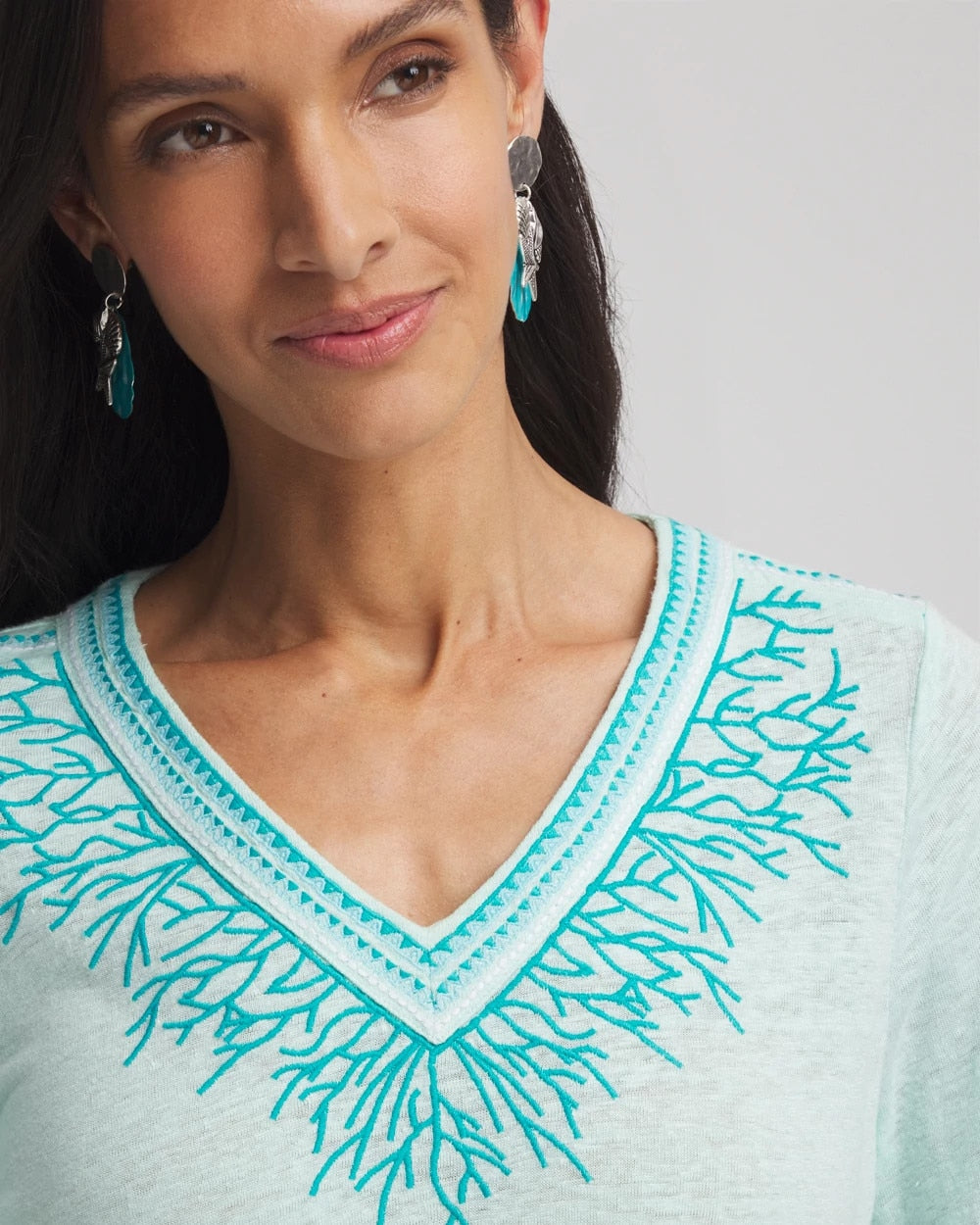 Chico's Linen Embroidered V-Neck Tunic