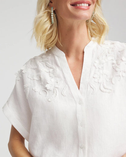 Chico's Embroidered Dolman Sleeved Linen Blouse