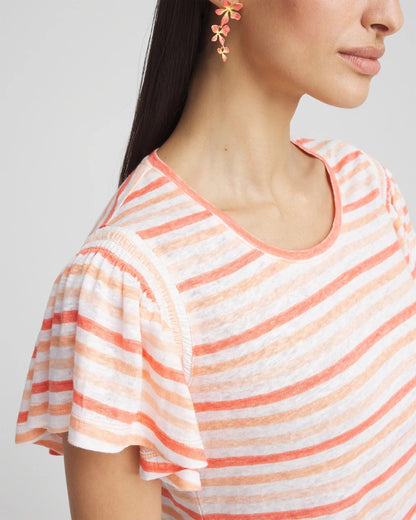 Chico's Striped Linen Smocked Flutter-Sleeved Tee