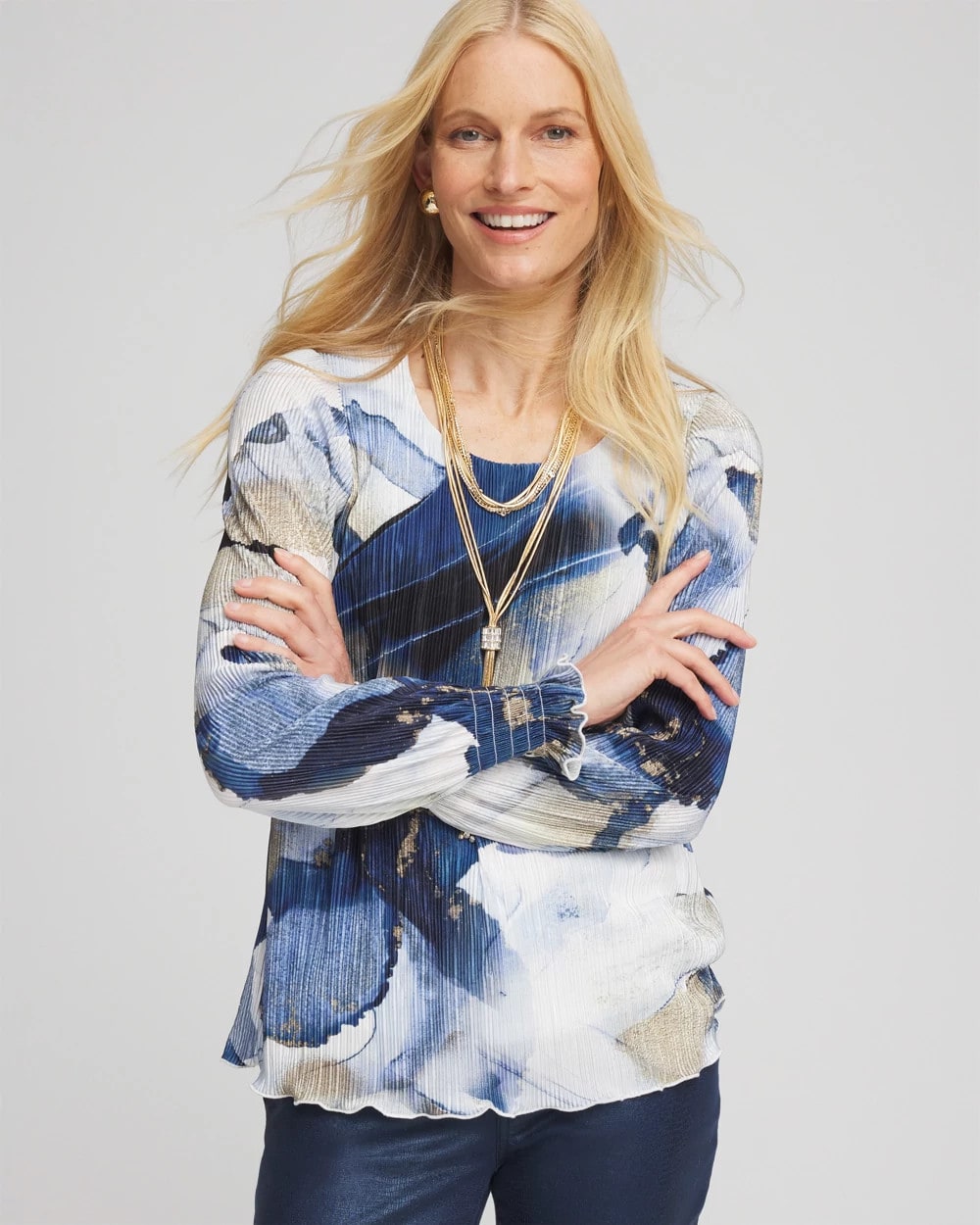 Chico's Foil Ocean Print Crinkle Top