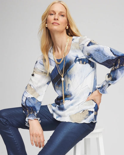 Chico's Foil Ocean Print Crinkle Top