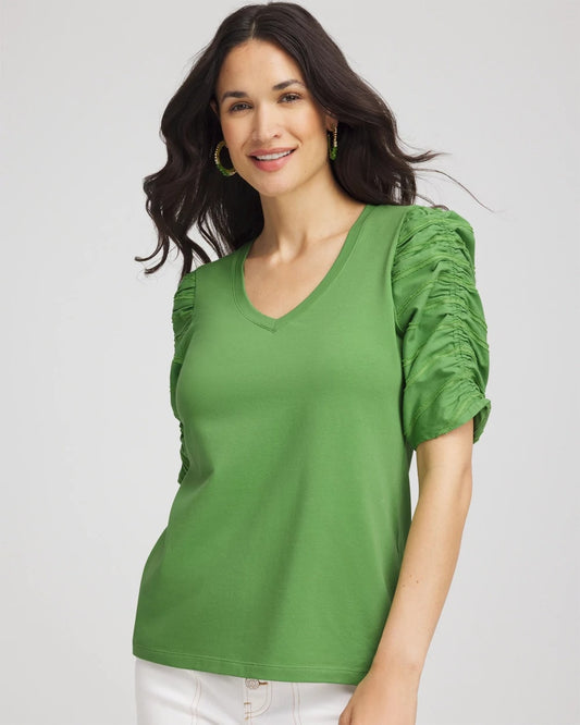 Chico's Ruched Sleeve V-Neck Tee