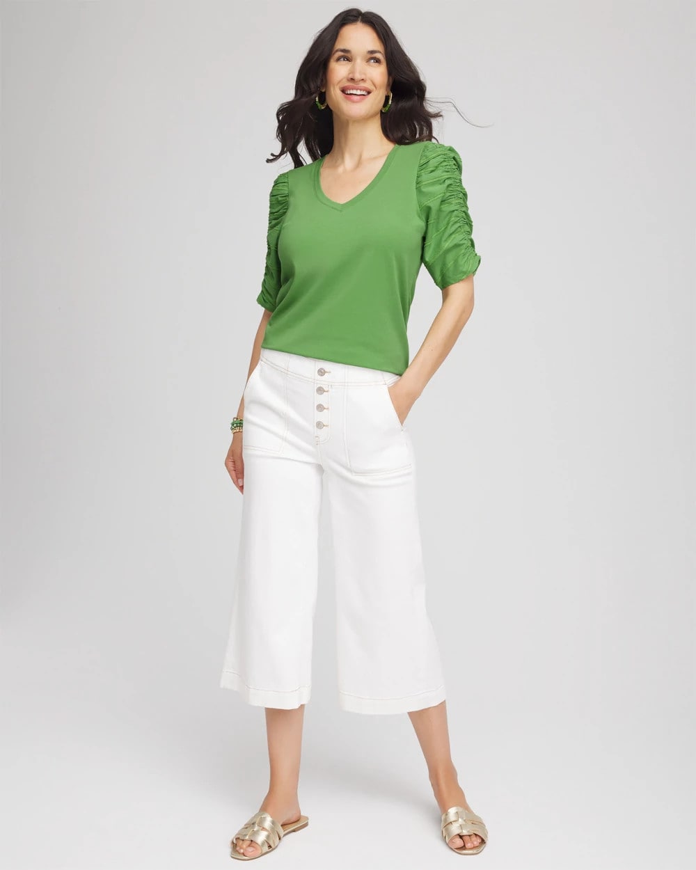 Chico's Ruched Sleeve V-Neck Tee