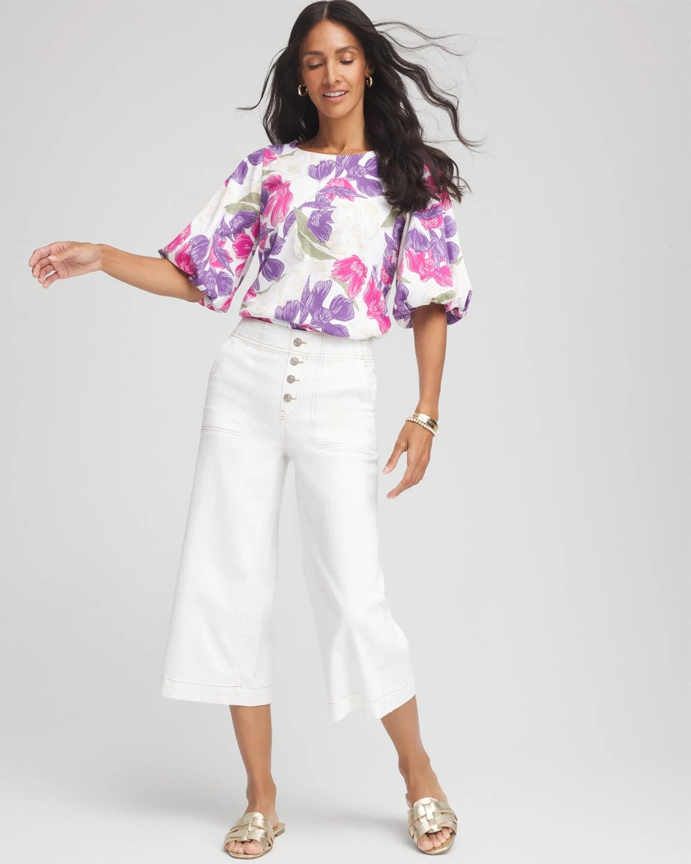Chico's Floral Bubble Sleeve Top