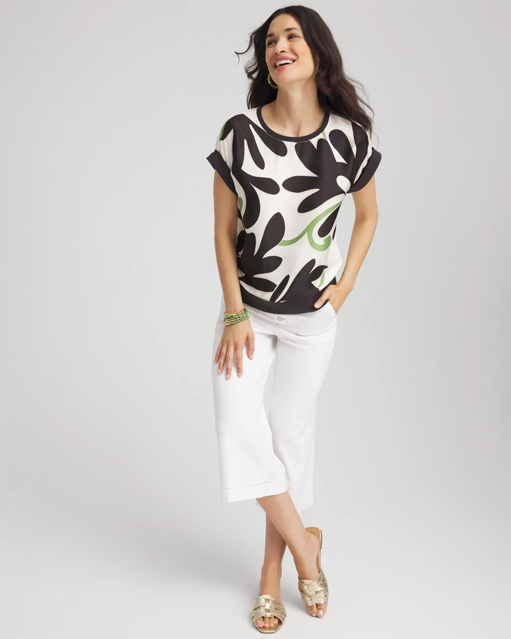 Chico's Floral Rib-Knit Satin Top