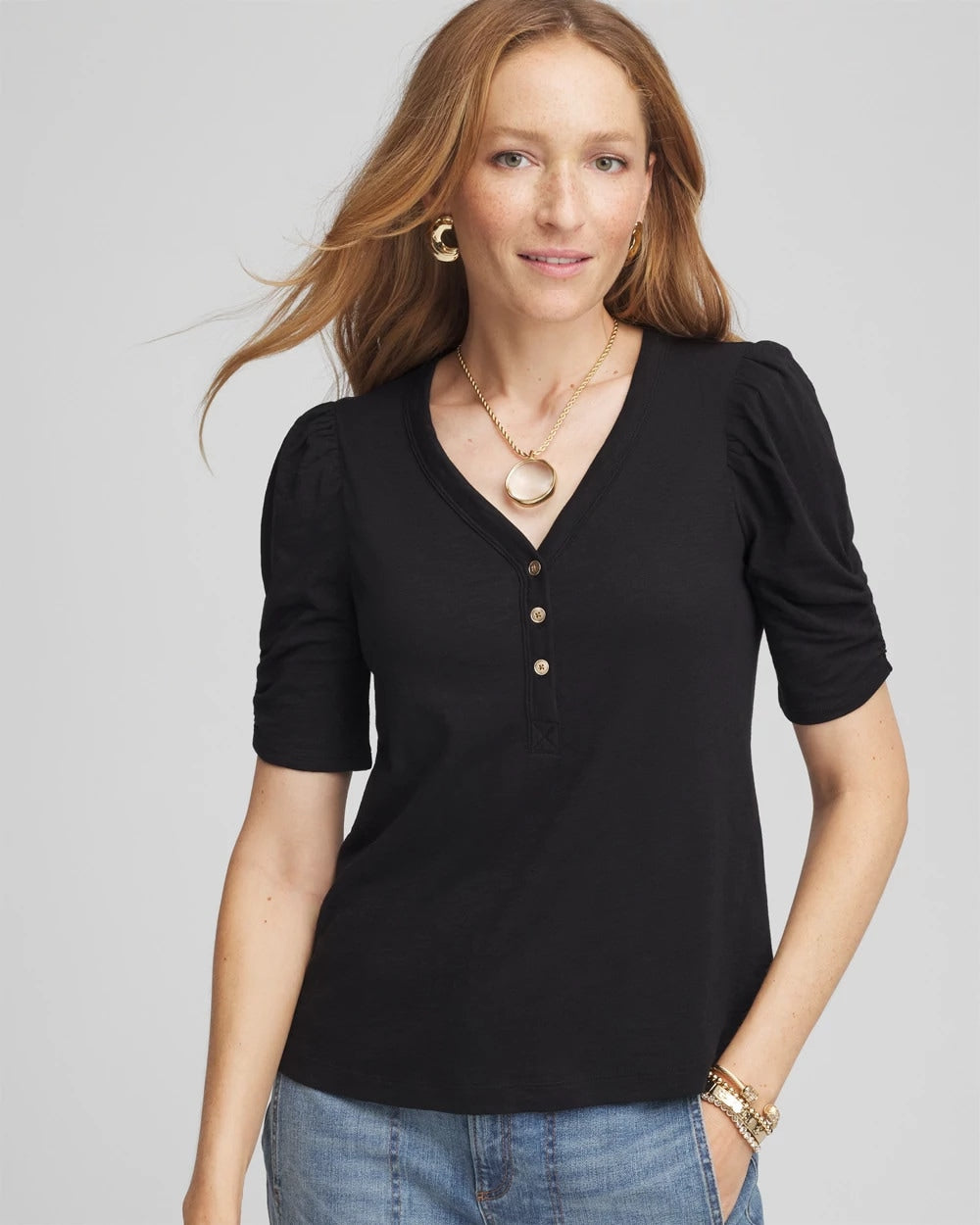 Chico's Slub Split Neck Henley Tee