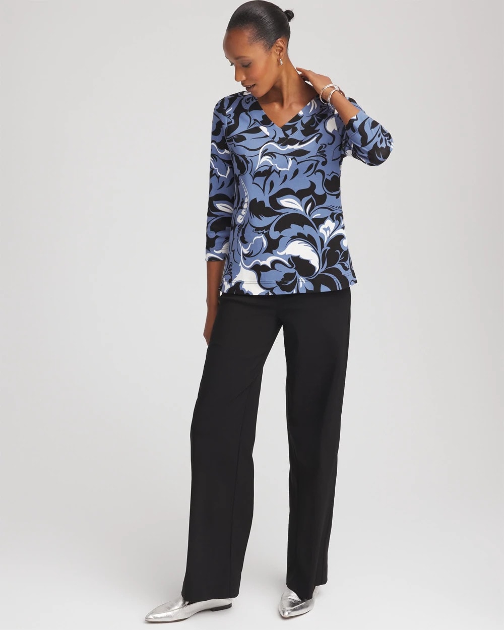 Chico's Pima Cotton Floral 3/4 Sleeve Tee