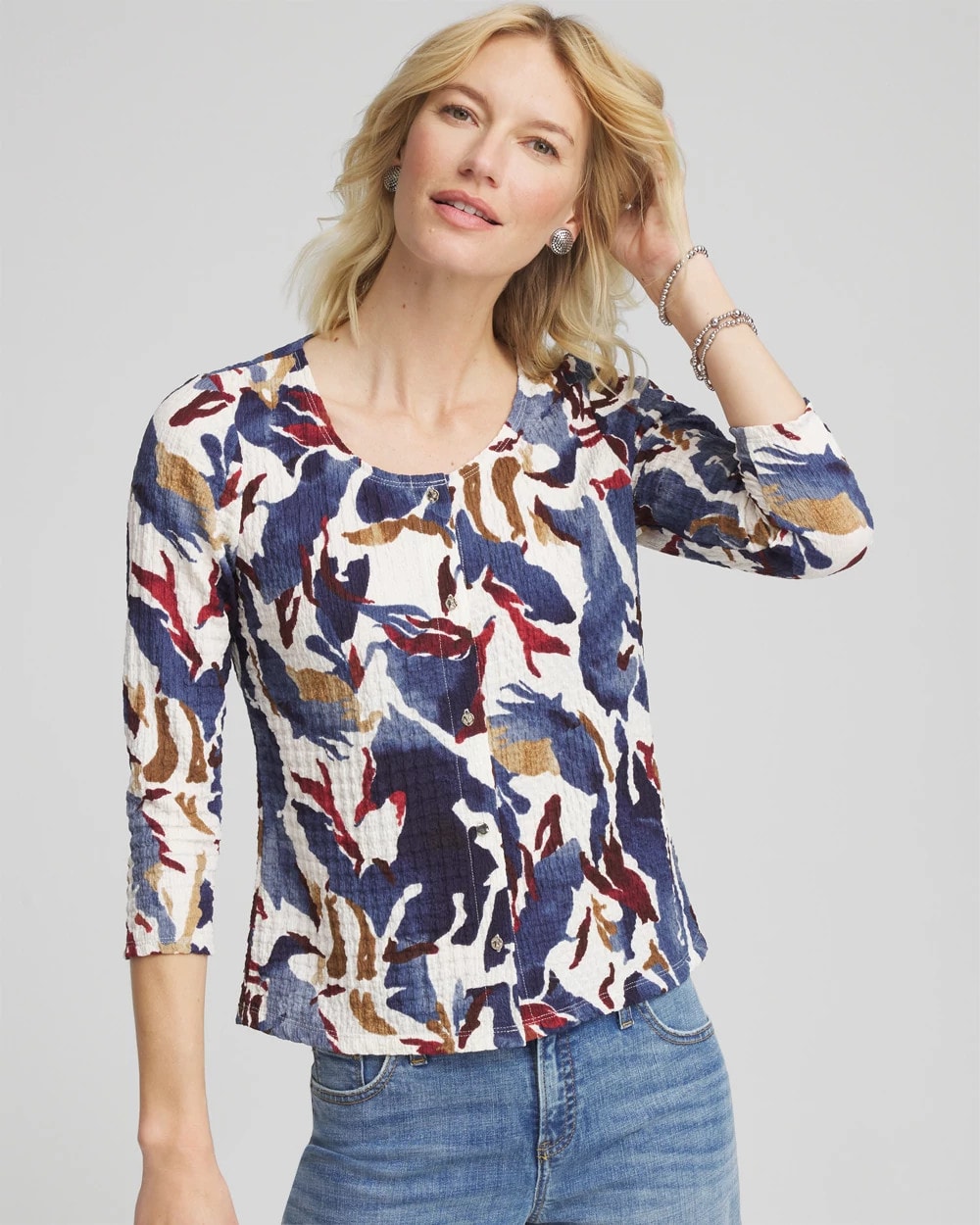Chico's Printed Textured Scoopneck Cardigan