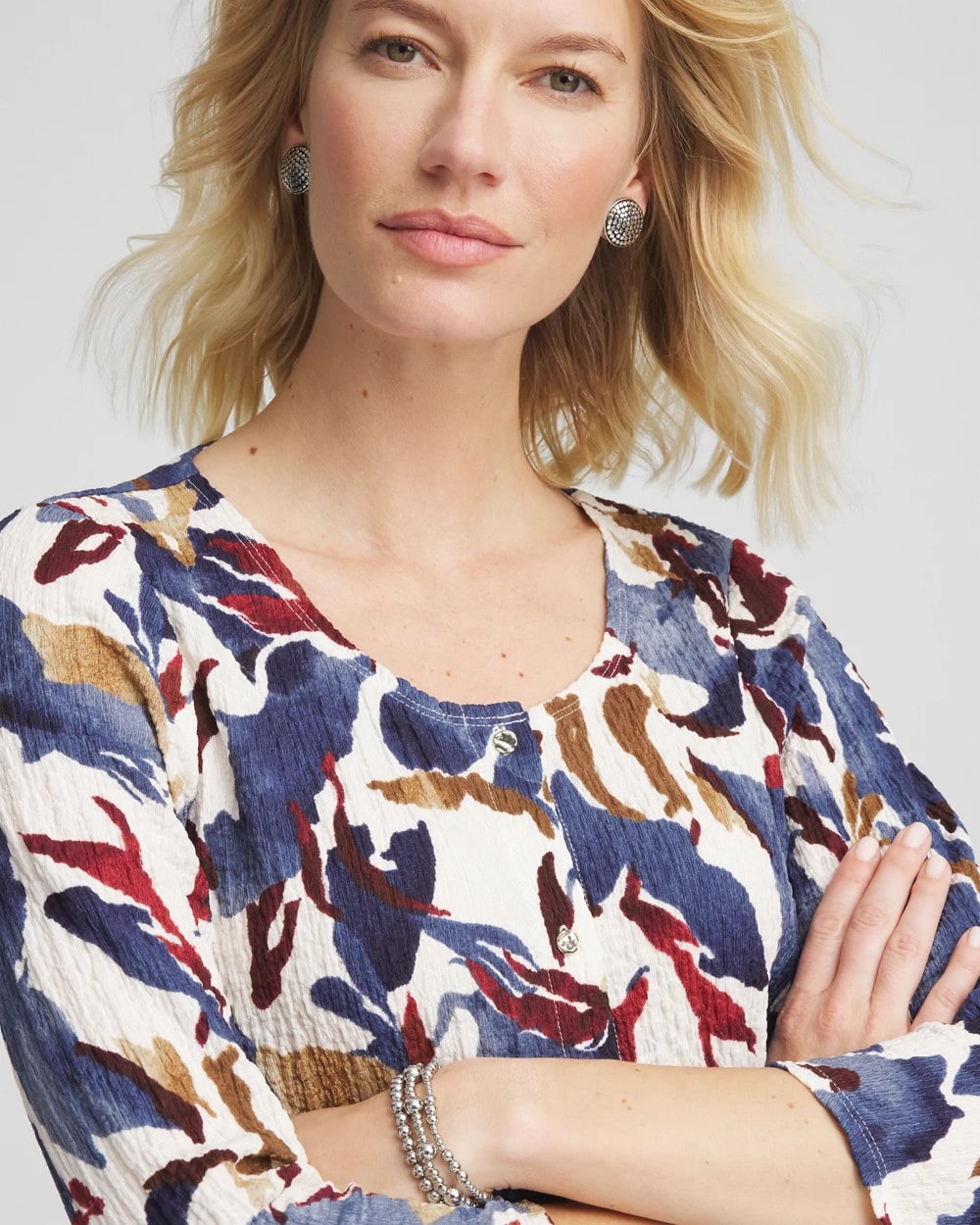 Chico's Printed Textured Scoopneck Cardigan