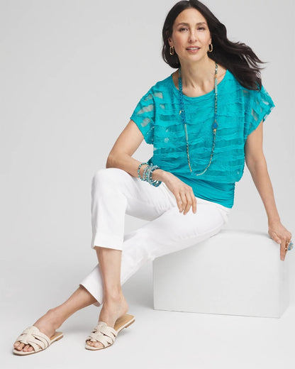 Chico's Embroidered Striped Banded Bottom Top