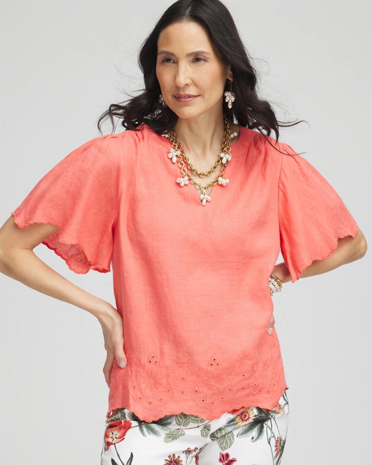 Chico's Linen Embroidered Hem Blouse