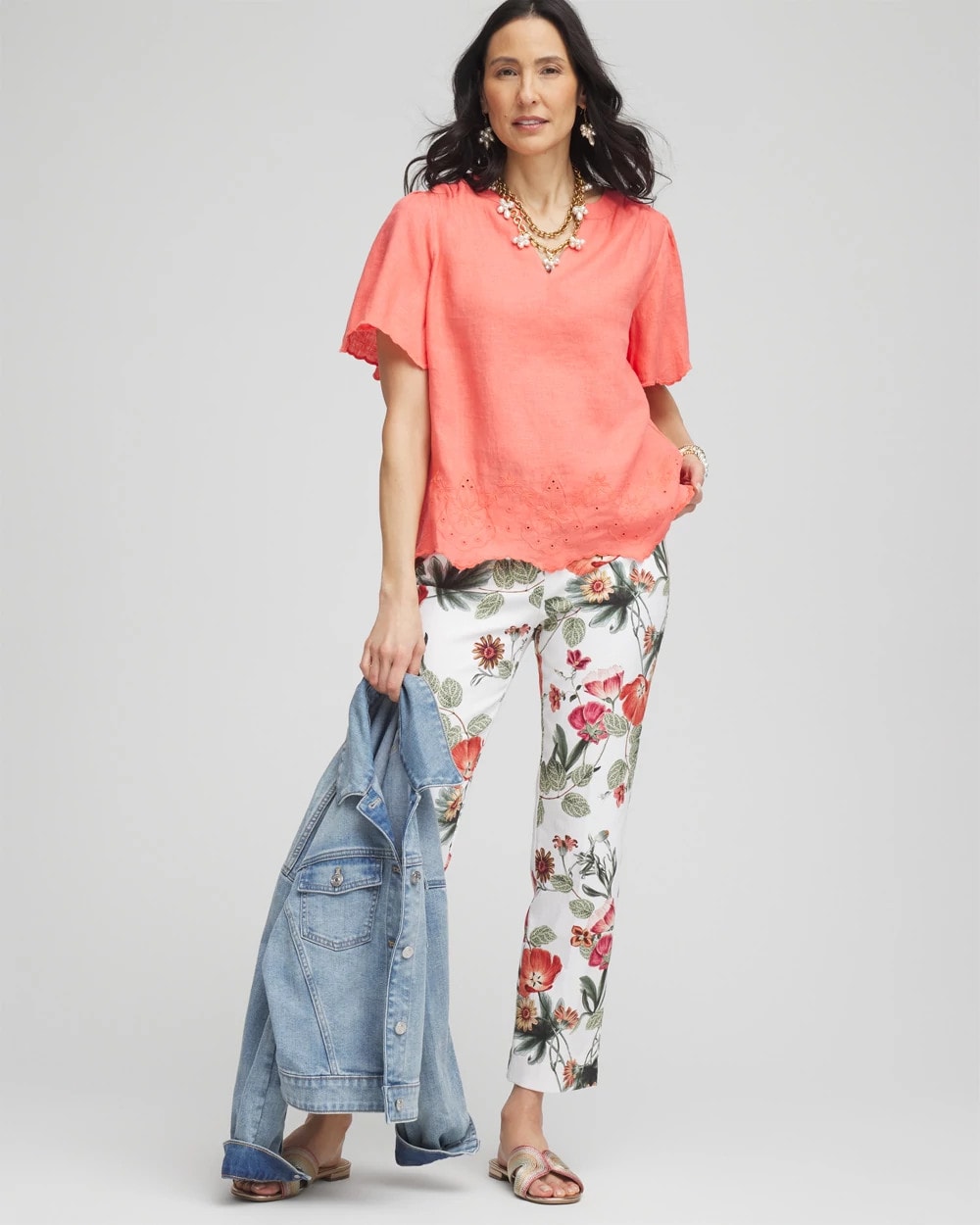 Chico's Linen Embroidered Hem Blouse