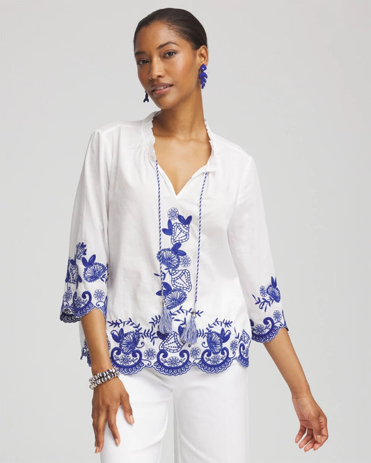 Chico's Embroidered Tassel Tie-Front Blouse