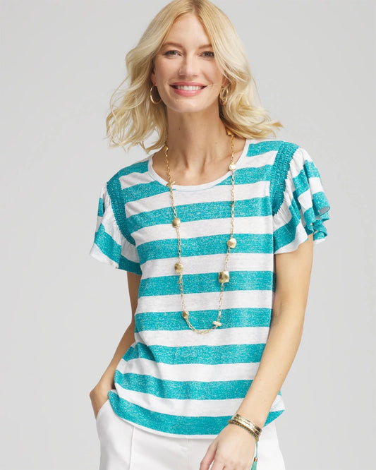 Chico's Linen Metallic Striped Flutter-Sleeve Tee